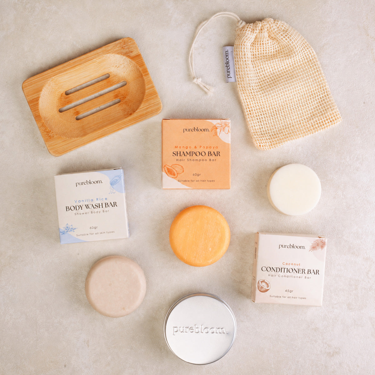 PureBloom Shower Routine Set (Shampoo, Conditioner, Body Wash, Cotton Storage Bag, Travel Tin & Bamboo Bar Holder)