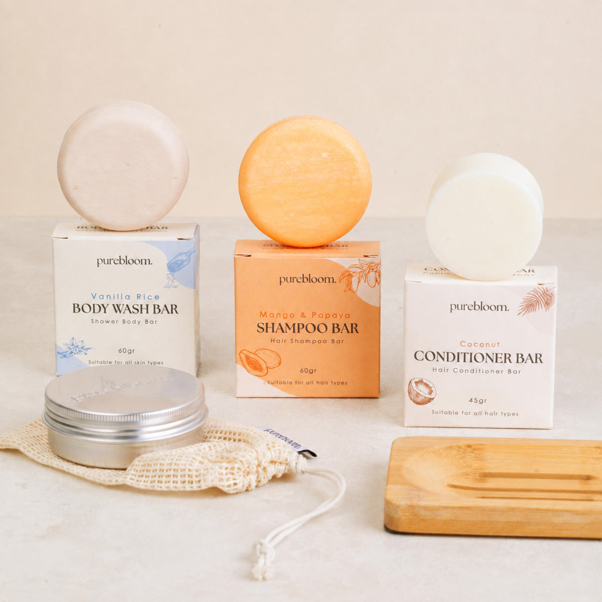 PureBloom Shower Routine Set (Shampoo, Conditioner, Body Wash, Cotton Storage Bag, Travel Tin & Bamboo Bar Holder)
