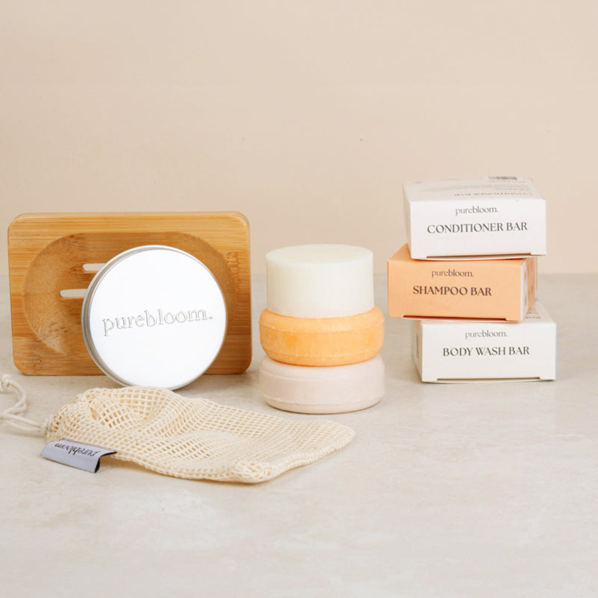 PureBloom Shower Routine Set (Shampoo, Conditioner, Body Wash, Cotton Storage Bag, Travel Tin & Bamboo Bar Holder)